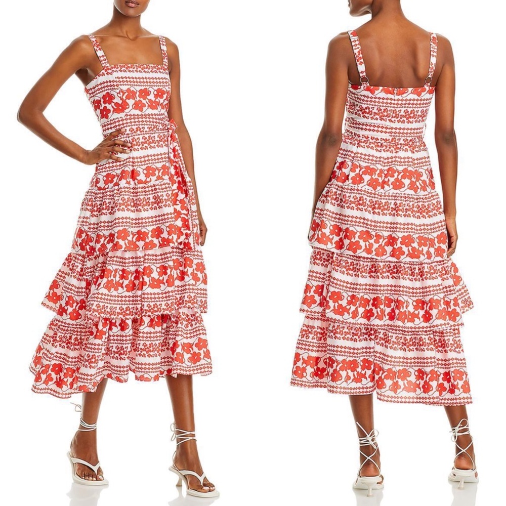 NWT AQUA Red & White FLORAL Print SQUARE NECK Ruffle TIERED Skirt MAXI DRESS